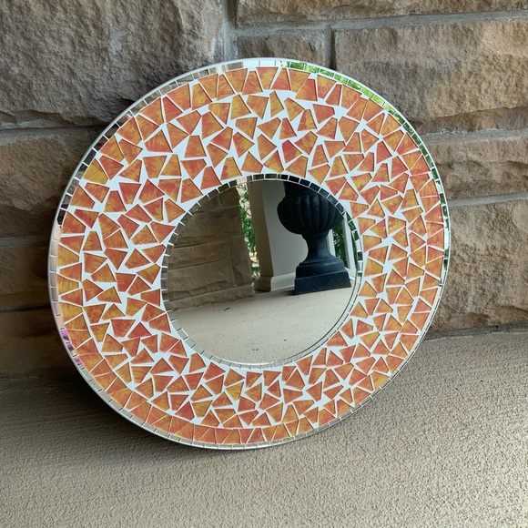 Vintage Early 2000’S Mosaic Tile Orange Round Ceramic Wall Mirror 19” Diameter - Picture 11 of 12
